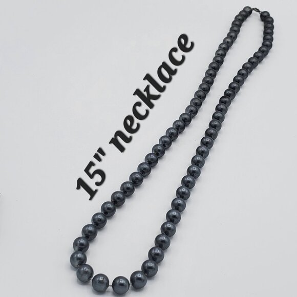 Faux Grey Pearl Necklace AND Statement Earring Costume Jewelry Set - Picture 4 of 7